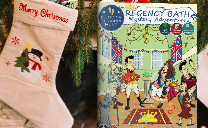 Regency Bath Mystery Adventure guidebook next to Christmas stocking